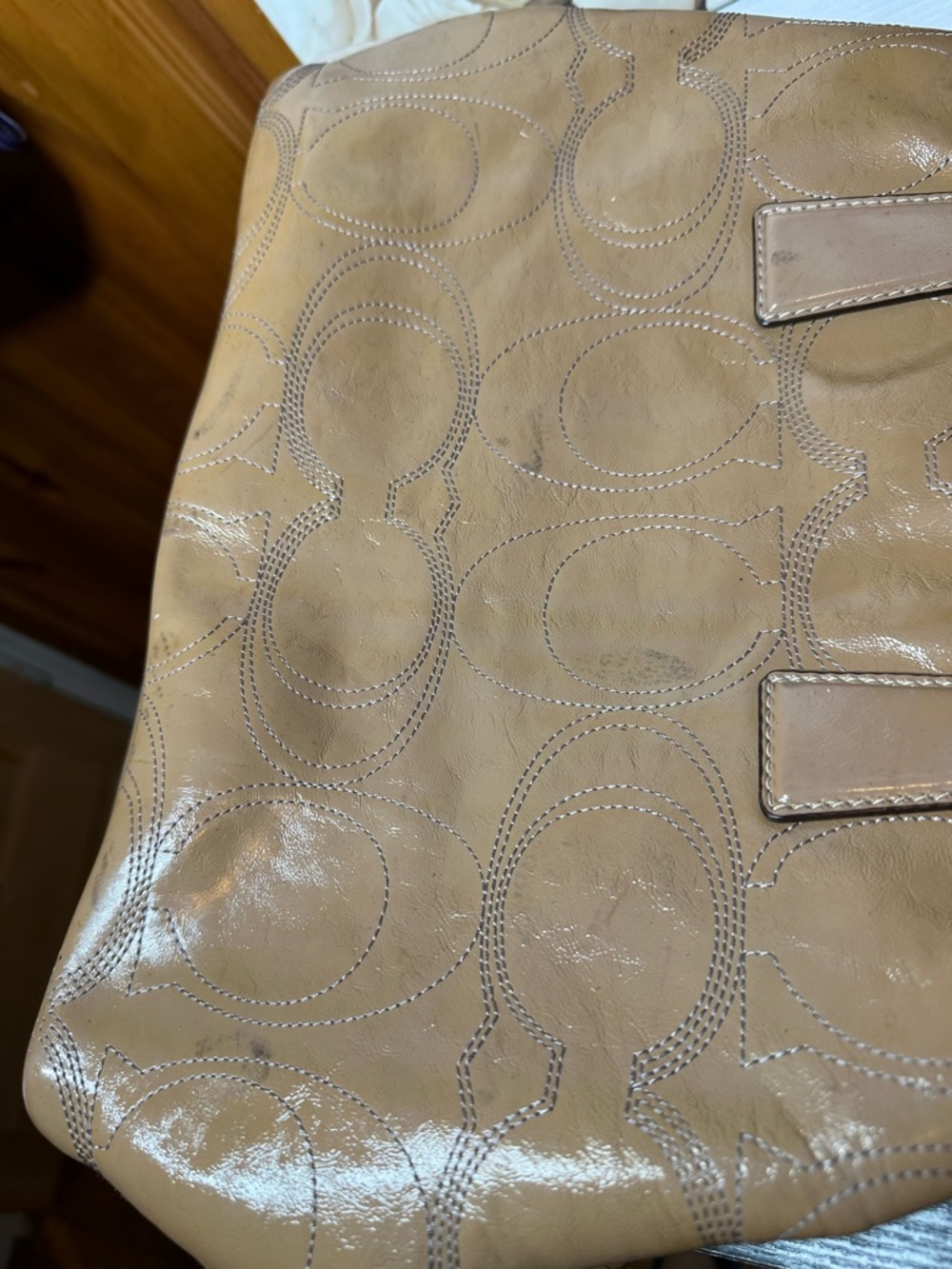 Coach Beige Patent Leather Tote with Signature Stitching - Picture 12 of 16